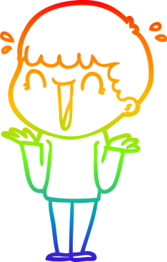 Bir insan tarafından çizilmiş omuzlarını silken gülen bir çizgi film karakterinin çizimi.