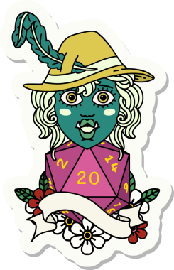 Bir insan tarafından çizilmiş 20 zarlı şarkı söyleyen yarı ork bir karakterin çıkartması.