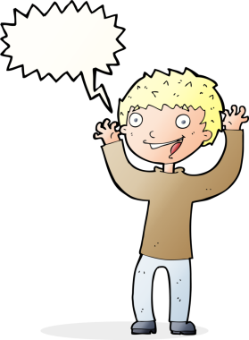 Bir insan tarafından çizilmiş konuşma balonu olan heyecanlı bir çocuk.