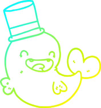 Bir insan tarafından çizilmiş silindir şapkalı, gülen balina çizgi çizimi.