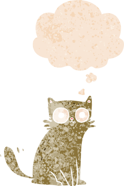 grunge 'da düşünce baloncuğu olan çizgi film kedisi bir insan tarafından çizilmiş dertli retro desenli