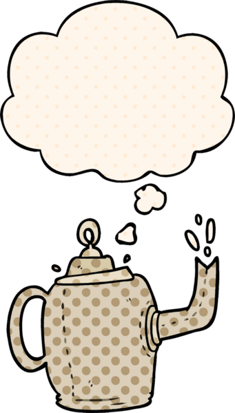 Çizgi roman tarzında bir insan tarafından çizilmiş düşünce baloncuklu eski bir çaydanlık.