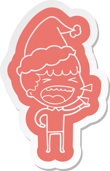 Bir insan tarafından çizilmiş Noel Baba şapkası giyen, gülen bir adamın garip çizgi film etiketi.