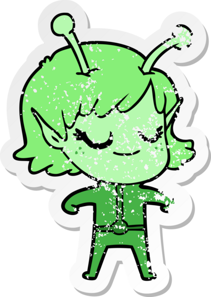 Bir insan tarafından çizilmiş gülümseyen uzaylı kız çizgi filminin sıkıntılı çıkartması.