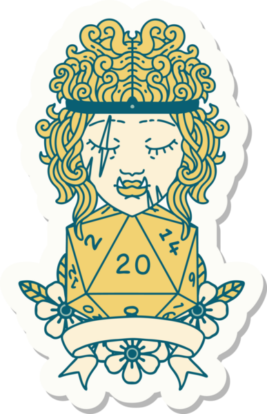 Bir insan tarafından çizilmiş doğal 20 zarlı yarı ork barbar bir karakterin çıkartması.