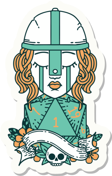 Ağlayan bir insan dövüşçüsünün çıkartması. Bir insan tarafından çizilmiş doğal bir D20 zarlı.