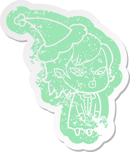 Bir insan tarafından çizilmiş Noel Baba şapkası takan vampir bir kızın garip bir karikatürü.