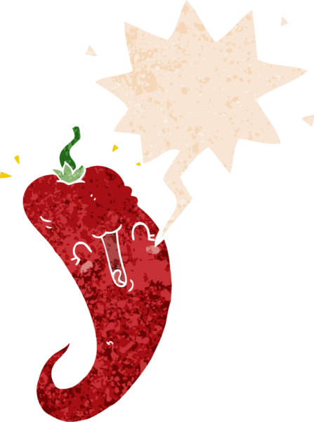 grunge 'da konuşma baloncuğu olan kırmızı biber çizgi filmi bir insan tarafından çizilmiş rahatsız edilmiş retro desen tarzı.