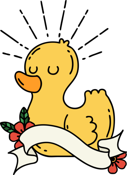 Bir insan tarafından çizilmiş dövme stili plastik ördekli parşömen.