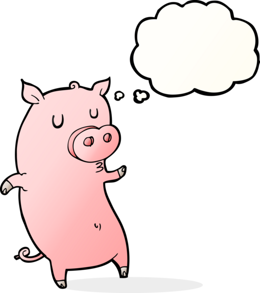 Bir insan tarafından çizilmiş düşünce baloncuklu komik domuz.