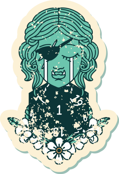 Retro Dövme Tarzı Ağlama Yarı Ork haylaz karakter Doğal bir D20 rulo ile bir insan tarafından çizilmiş