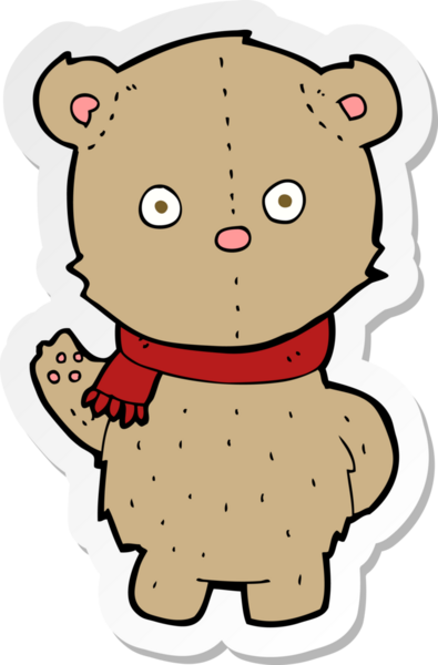 Bir insan tarafından çizilmiş eşarp takan oyuncak ayının çıkartması.