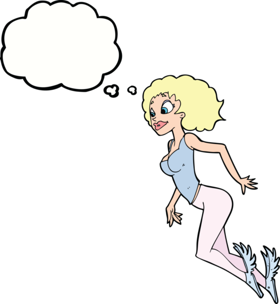 Bir insan tarafından çizilmiş düşünce balonlu uçan kadın.