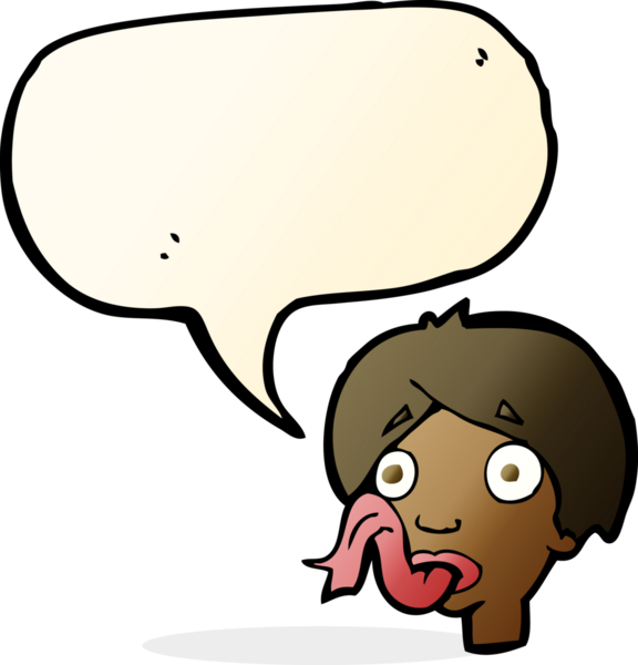 Bir insan tarafından çizilmiş konuşma baloncuğuyla dilini dışarı çıkaran çizgi film kafası.