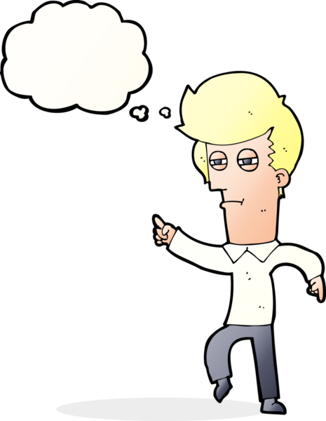 Bir insan tarafından çizilen düşünce baloncuğuyla suçlanan çizgi film adamı.