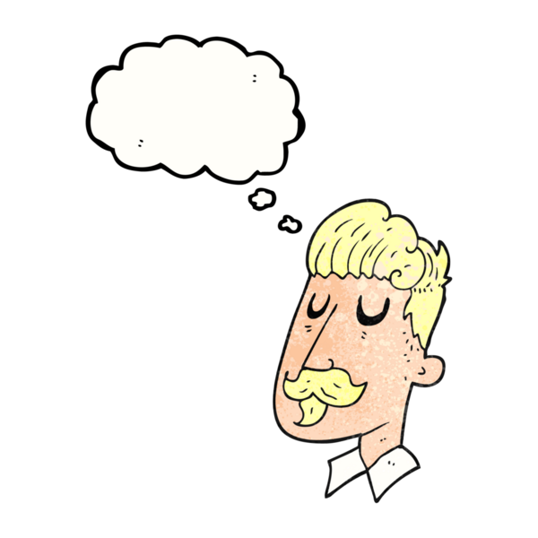 Düşünce baloncuğu çizilmiş, bıyıklı çizgi film adamı bir insan tarafından çizilmiş.