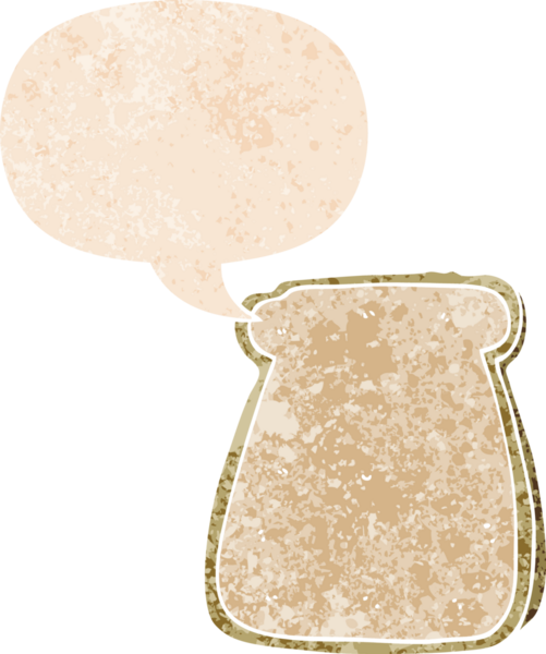 Bir insan tarafından çizilmiş, grunge dertli retro desenli konuşma baloncuklu bir ekmek dilimi.