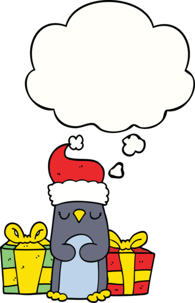 Bir insan tarafından çizilmiş düşünce baloncuğu olan sevimli bir Noel pengueni.