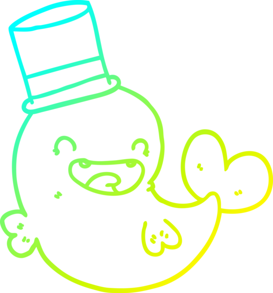 Bir insan tarafından çizilmiş silindir şapkalı, gülen balina çizgi çizimi.