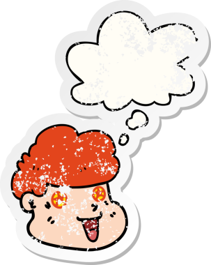 Düşünce baloncuklu çizgi film çocuğunun yüzü bir insan tarafından çizilmiş yıpranmış bir çıkartma gibi.