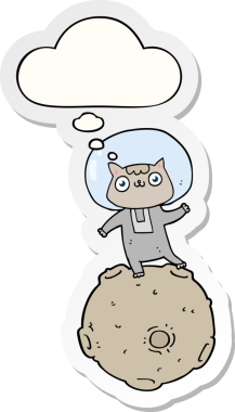 Bir insan tarafından çizilmiş bir çıkartma gibi düşünce balonu olan sevimli astronot kedisi.