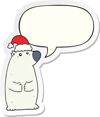 Bir insan tarafından çizilmiş balon çıkartmalı Noel şapkası takan çizgi film ayısı.