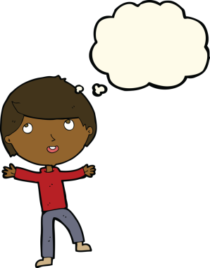 Bir insan tarafından çizilmiş düşünce balonu olan mutlu çocuk çizgi filmi.