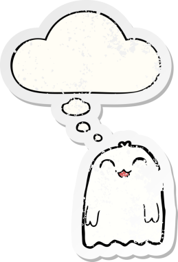 Düşünce baloncuğu olan karikatür hayaleti bir insan tarafından çizilmiş yıpranmış bir çıkartma.