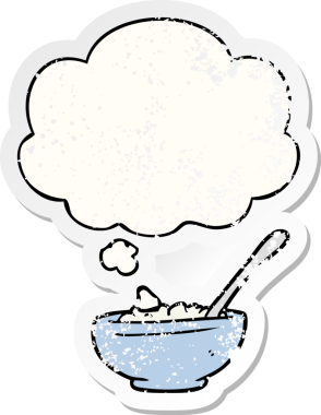 Düşünce baloncuklu pirinç kasesi insan tarafından çizilmiş yıpranmış bir çıkartma gibi.