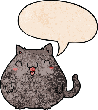 Konuşma baloncuğu olan çizgi film kedisi insan tarafından çizilmiş eski moda dokular.