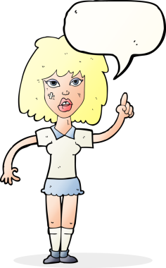 Bir insan tarafından çizilmiş konuşma baloncuğu fikri olan sert bir kadın.