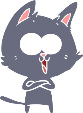 Bir insan tarafından çizilmiş komik düz renkli çizgi film kedisi.