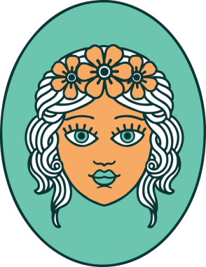 İkonik dövme stili. Bir insan tarafından çizilmiş çiçek tacıyla bir bakire resmi.