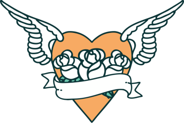 Kanatlı, çiçek ve bir insan tarafından çizilmiş bir kalbin ikonik dövme görüntüsü.