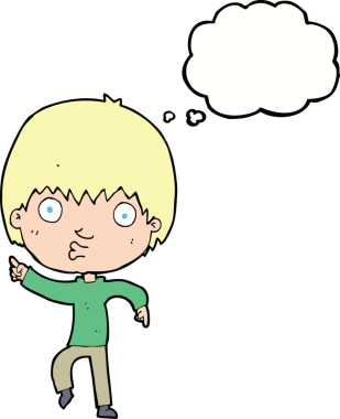 Bir insan tarafından çizilmiş düşünce baloncuğuyla işaret eden çocuk etkilenmiş.