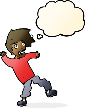 Bir insan tarafından çizilmiş düşünce baloncuğuyla dehşete düşmüş bir adam.