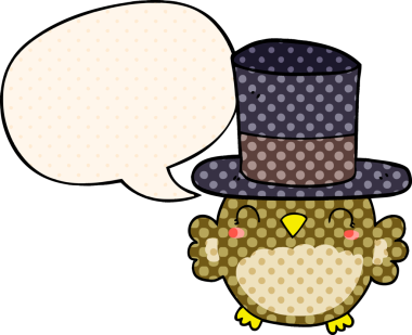 Bir insan tarafından çizilmiş çizgi roman tarzında konuşma balonu olan silindir şapkalı bir baykuş.