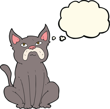 Bir insan tarafından çizilmiş düşünce baloncuğu olan huysuz küçük bir köpek.