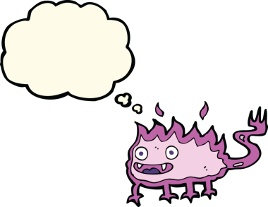 Bir insan tarafından çizilmiş düşünce baloncuğu olan küçük ateş şeytanı.