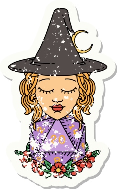 Bir insan tarafından çizilmiş doğal yirmi zarlı bir cadının grunge çıkartması.