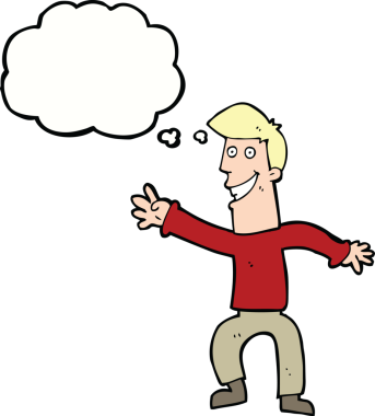 Bir insan tarafından çizilmiş düşünce baloncuğuyla dans eden mutlu adam çizgi filmi.