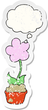 Düşünce baloncuğu olan sevimli bir karikatür çiçeği insan tarafından çizilmiş yıpranmış bir çıkartma gibi.