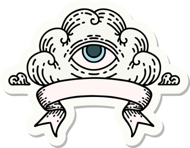 Bir insan tarafından çizilmiş her şeyi gören bir göz bulutu dövmesi stili çıkartması