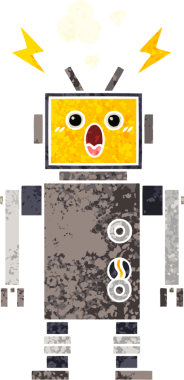 Bir insan tarafından çizilmiş arızalı bir robotun retro çizim tarzı karikatürü