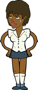 Bir insan tarafından çizilmiş kalçaları olan sert kadın çizgi filmi.