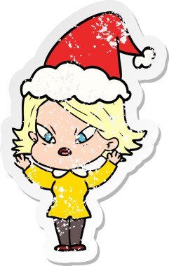 Bir insan tarafından çizilmiş Noel Baba şapkası giymiş stresli bir kadının el yazısı.