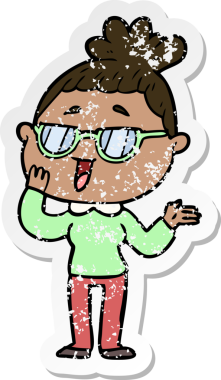 Bir insan tarafından çizilmiş gözlük takan mutlu bir kadının sıkıntılı çıkartması.