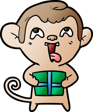 Bir insan tarafından çizilmiş Noel hediyesi olan çılgın çizgi film maymunu.