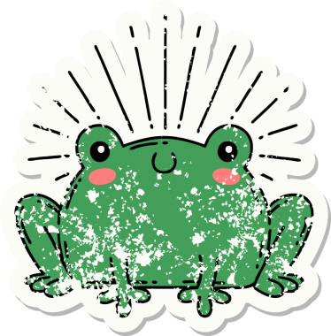 Dövme stili eski bir çıkartma. Bir insan tarafından çizilmiş mutlu kurbağa.