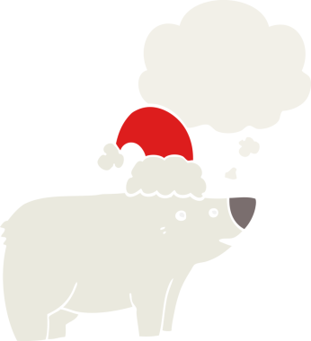 Bir insan tarafından çizilmiş, düşünce baloncuklu Noel şapkası takan çizgi film ayısı.